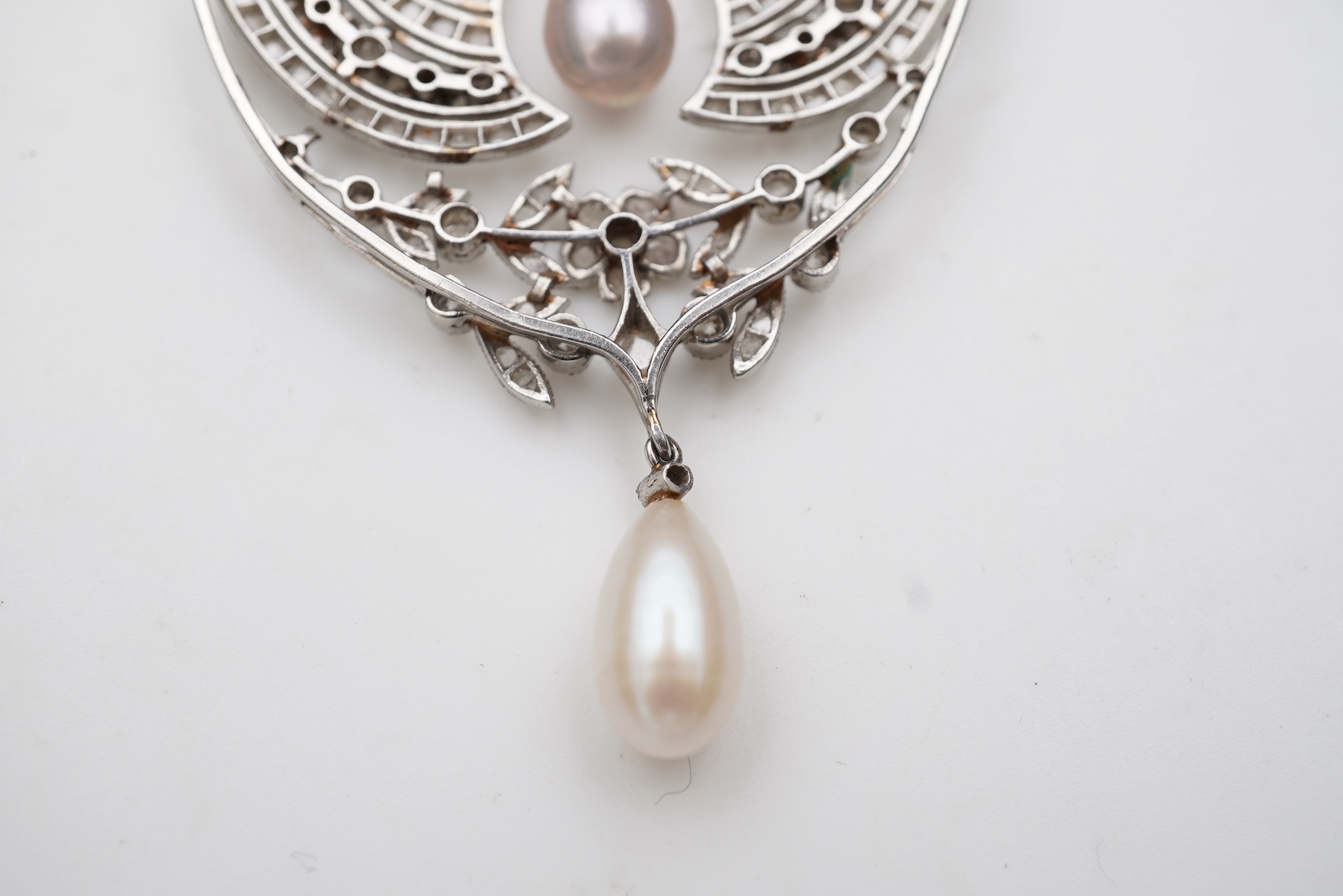 A fine Belle Epoque natural pearl and diamond pendant, circa 1910